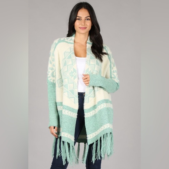 #271 New! Cozy Oversized Aztec Beautiful Mint Green Sweater Duster Cardigan Coat - Picture 2 of 4